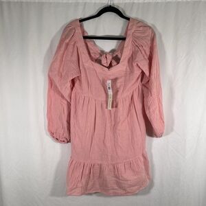 New Allison & Kelly Mini Dress Women's XS Pink Blush Square Neck Long Sleeve Tie